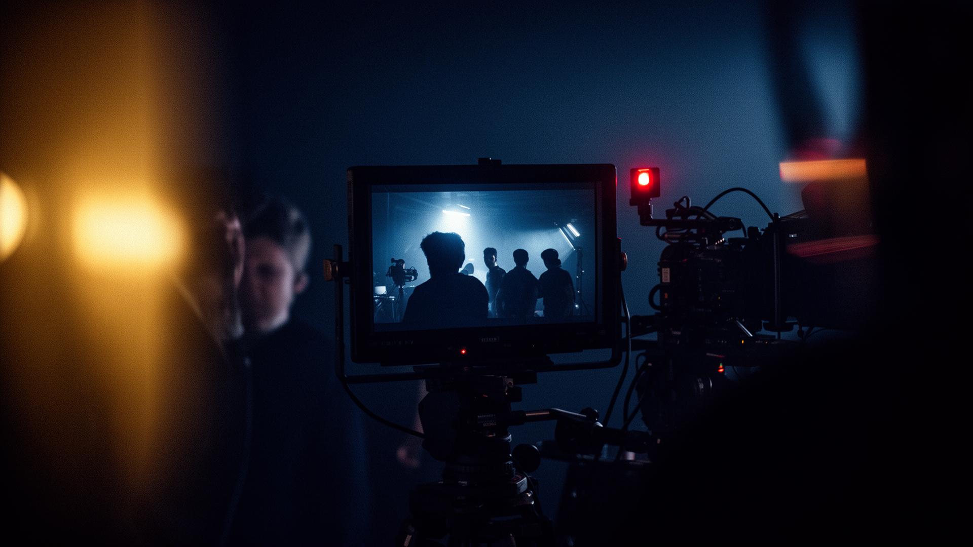 Behind the monitor on a cinematic film set